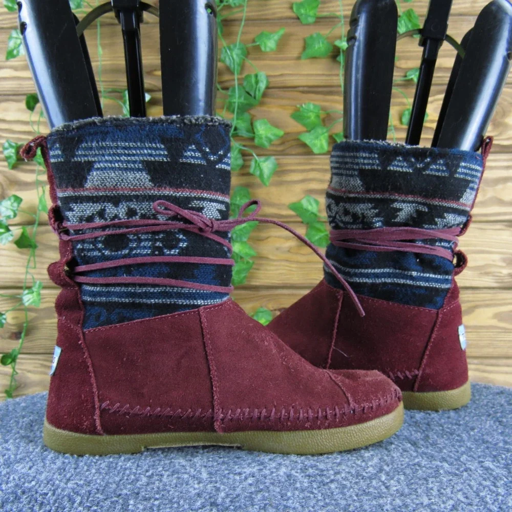 Toms Burgundy Suede Knit Trim‎ Ankle Boots Women Size 6 Comfortable Casual